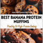 Moist chocolate banana muffins made with protein powder, ripe bananas, and chocolate chips for a healthy protein muffin recipe.