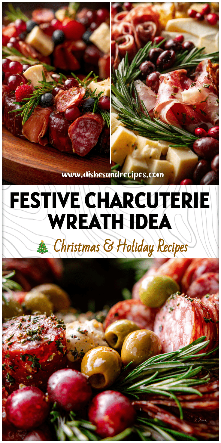 A round Holiday Charcuterie Wreath filled with festive meats, cheeses, and herbs for a Christmas Buffet display.