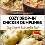 Homemade Chicken & Dumplings Soup with Thick Drop-In Dumplings 5 Bowl of Chicken Drop Dumpling Soup with thick dumplings and tender chicken pieces in a creamy broth