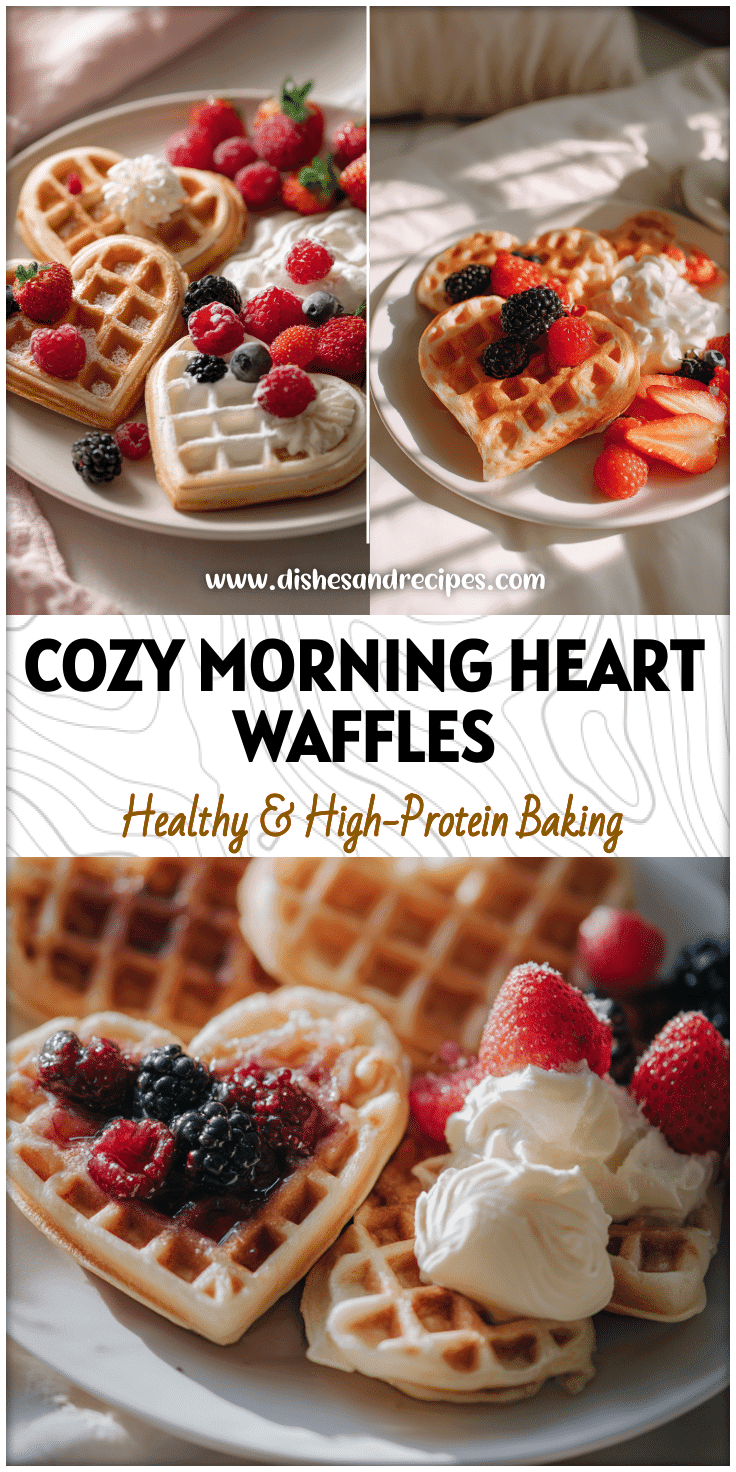 Homemade heart waffles served with berries and cream in a soft morning light aesthetic