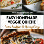 Homemade quiche with fresh vegetables and herbs sliced on a white plate for brunch.