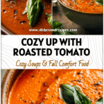 A steaming bowl of roasted tomato basil soup with creamy texture and a touch of chicken served with basil leaves.