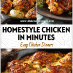 Rustic skillet of homestyle chicken with golden crust and herbs beside a cozy dinner table setting.