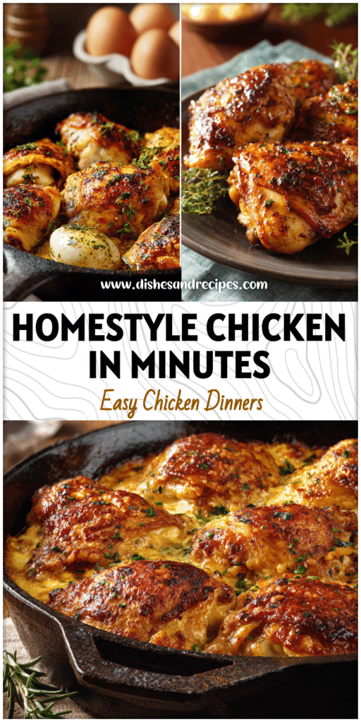 Home 33 Rustic skillet of homestyle chicken with golden crust and herbs beside a cozy dinner table setting.