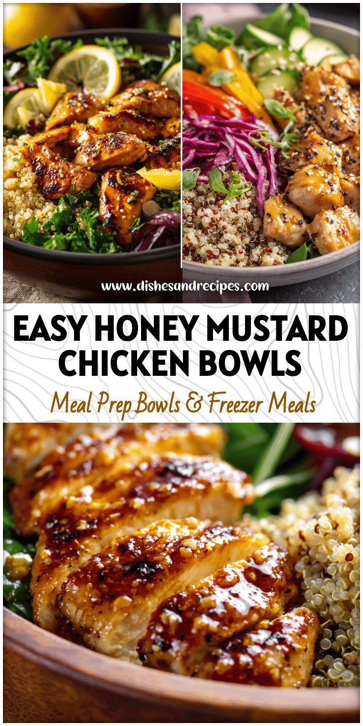 Colorful Honey Mustard Chicken Meal Prep Bowls with quinoa and veggies for a Healthy On The Go Dinner.