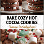 Stack of Hot Cocoa Cookies topped with melted marshmallows and festive sprinkles on a holiday table.