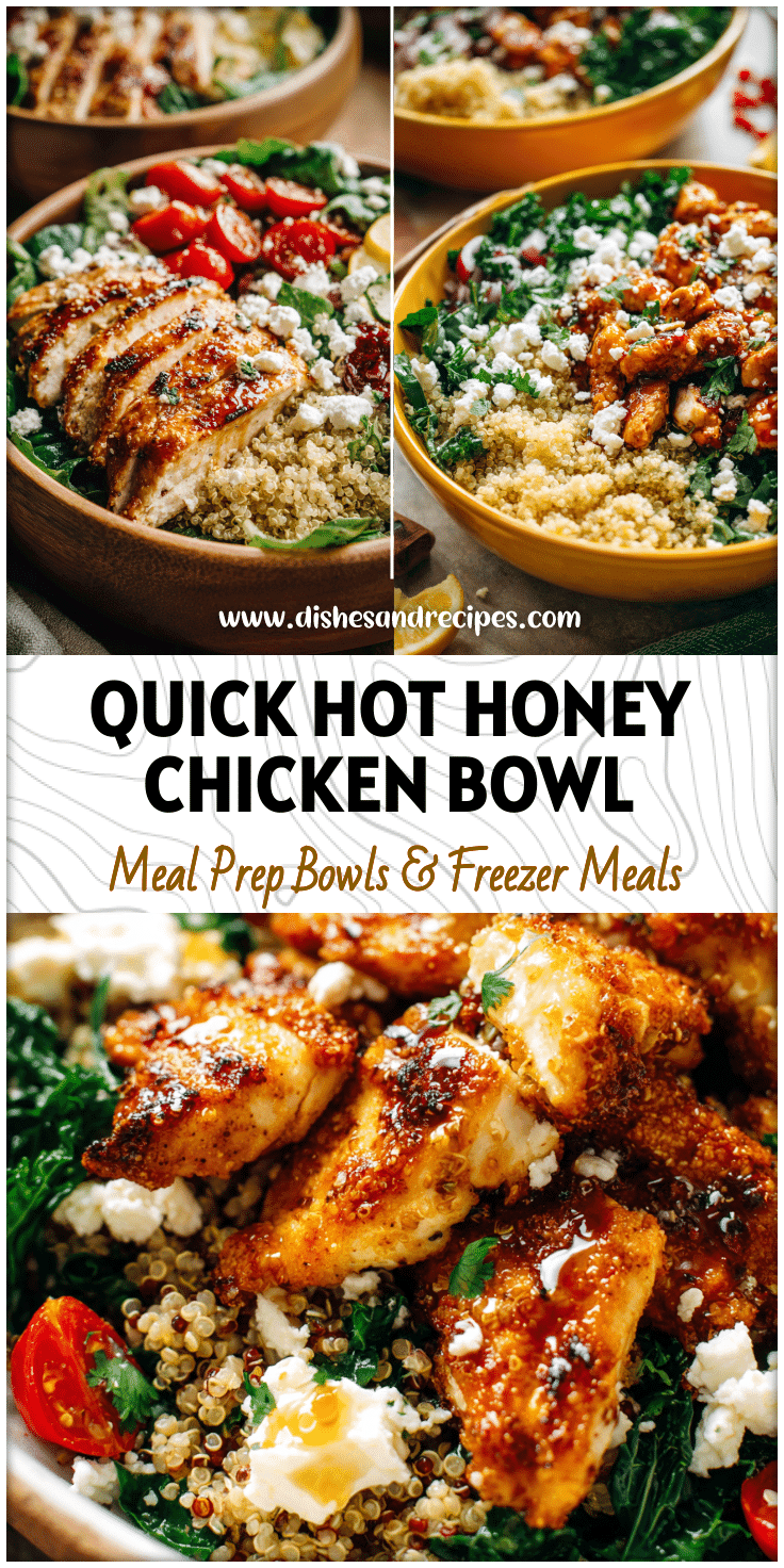 Hot Honey Feta Chicken Bowl with quinoa, greens, and honey drizzle served in a bright bowl.