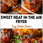 Hot Honey Garlic Chicken Thighs Air Fryer Recipe 5 Close-up of hot honey garlic chicken thighs fresh from the air fryer, garnished with sesame seeds and herbs.
