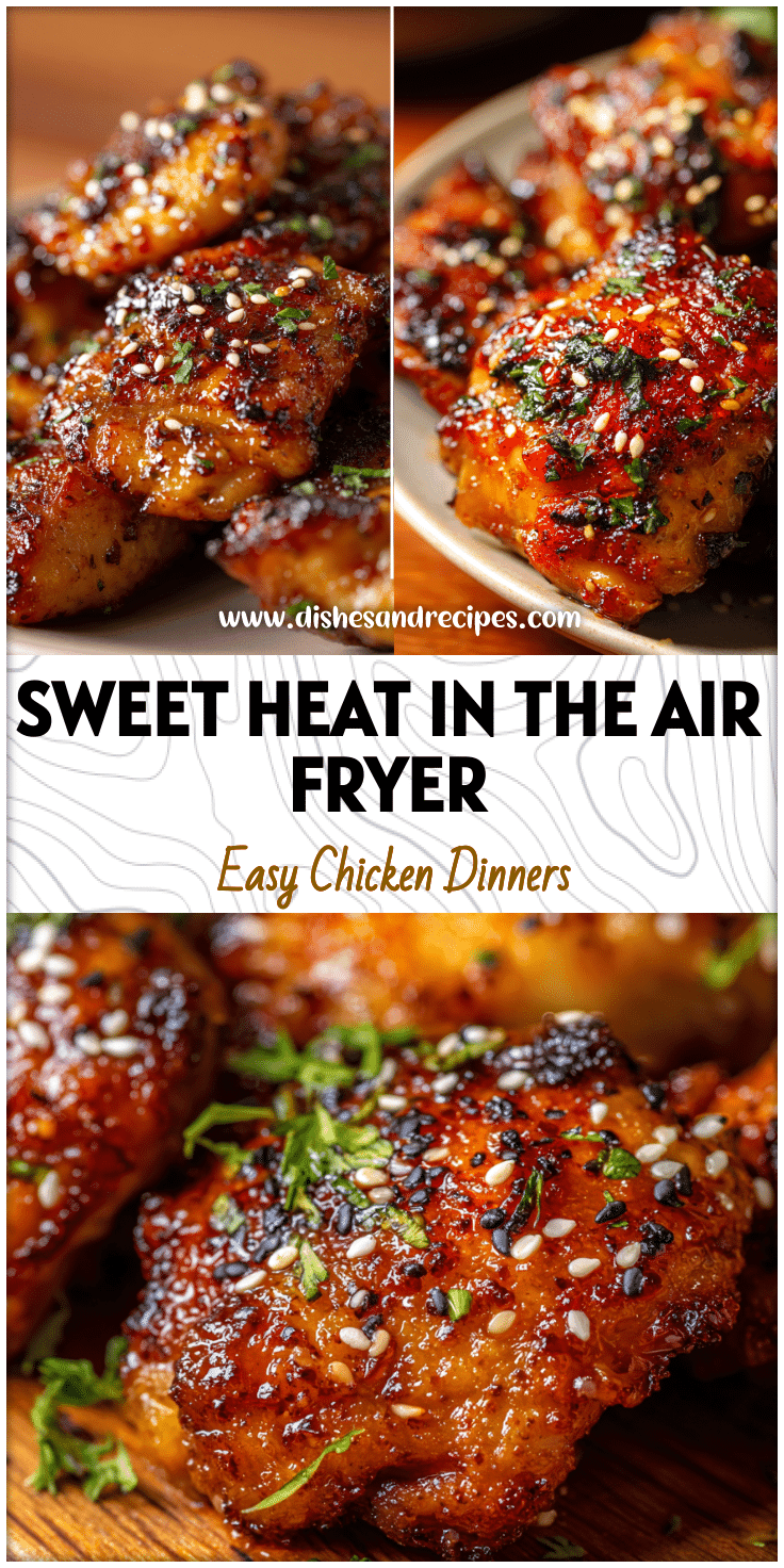 Close-up of hot honey garlic chicken thighs fresh from the air fryer, garnished with sesame seeds and herbs.