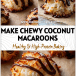 How To Make Chewy Coconut Macaroons With Chocolate Drizzle 5 Homemade chewy coconut macaroons drizzled with dark chocolate on parchment paper.