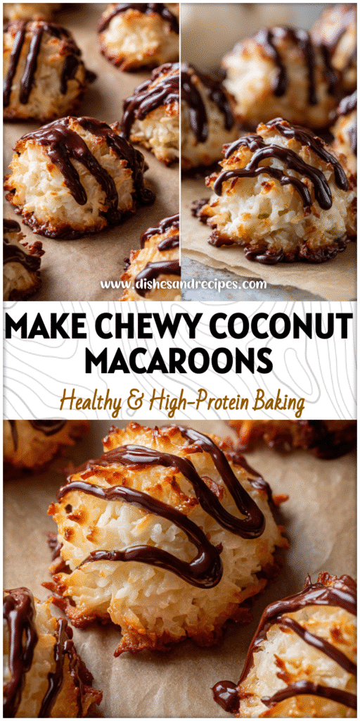 Homemade chewy coconut macaroons drizzled with dark chocolate on parchment paper.