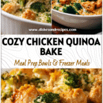 How To Make Chicken Quinoa Bake with Broccoli 5 Golden baked Chicken Quinoa Broccoli casserole served in a white dish for a Health Dinner.