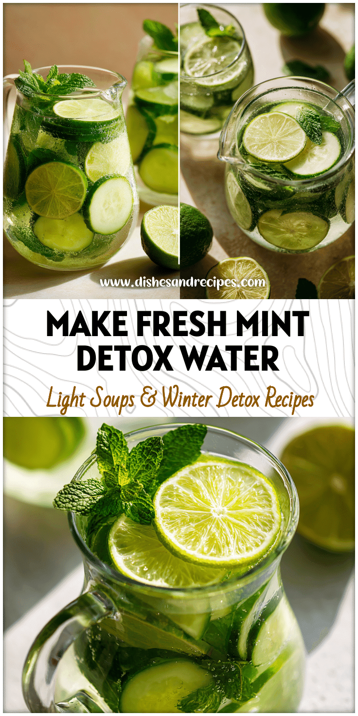Cooling mint and cucumber water with lime slices served in a clear glass pitcher on a bright table.