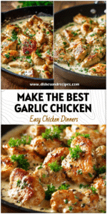 Skillet filled with creamy garlic chicken pieces topped with parsley, ready for a comforting dinner.