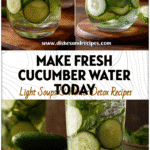 Chilled glass of infused cucumber water with sliced cucumbers and mint leaves on a wooden table.