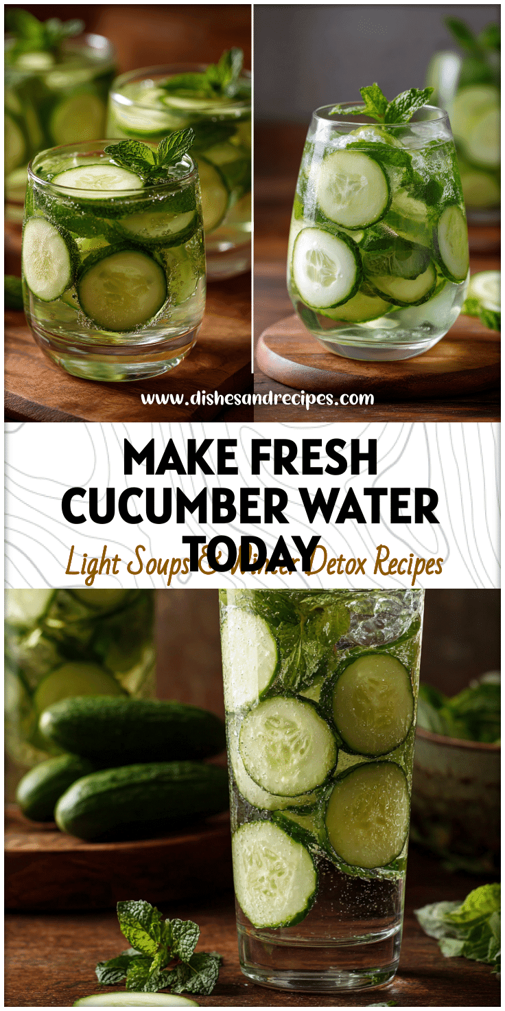Chilled glass of infused cucumber water with sliced cucumbers and mint leaves on a wooden table.