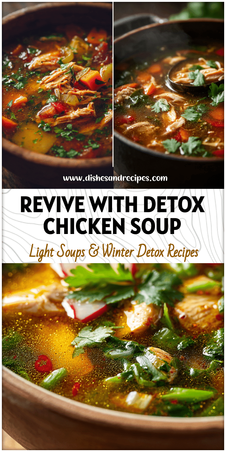 A steaming bowl of Detox Chicken Soup styled with Recetas Mexicanas and Jamie Oliver touches, rich in healthy vegetables.