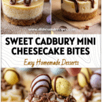 Individual Cadbury Egg Mini Cheesecakes for Easter 5 Individual Mini Cheesecakes decorated with crushed Cadbury Mini Eggs and chocolate drizzle for Easter.