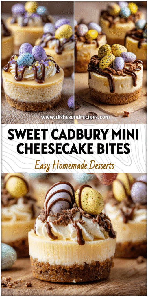Individual Mini Cheesecakes decorated with crushed Cadbury Mini Eggs and chocolate drizzle for Easter.