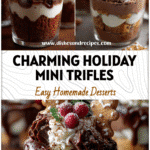 Mini Chocolate and Gingerbread Trifles layered with cream and festive toppings in small dessert cups.