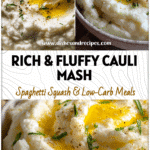 Keto Cauliflower Mashed Potatoes With Cream Cheese | Low-Carb Comfort Side 5 Close-up of keto cauliflower mashed potatoes with cream cheese topped with melted butter and herbs.