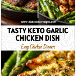 Pan of Garlic Butter Chicken with bright asparagus for a delicious Keto Recipes Dinner idea.