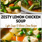 Lemon Chicken & Spring Veggies Soup | Recetas Mexicanas Twist 5 Close-up of Lemon Chicken and Spring Veggies Soup with vibrant vegetables in a white bowl.