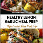 Lemon Garlic Chicken Meal Prep Bowls for a Fresh and Healthy Summer 5 Colorful Lemon Garlic Chicken Thigh Bowls with grilled veggies for a healthy summer meal prep inspired by Luna Grill Santorini Bowl Recipe.