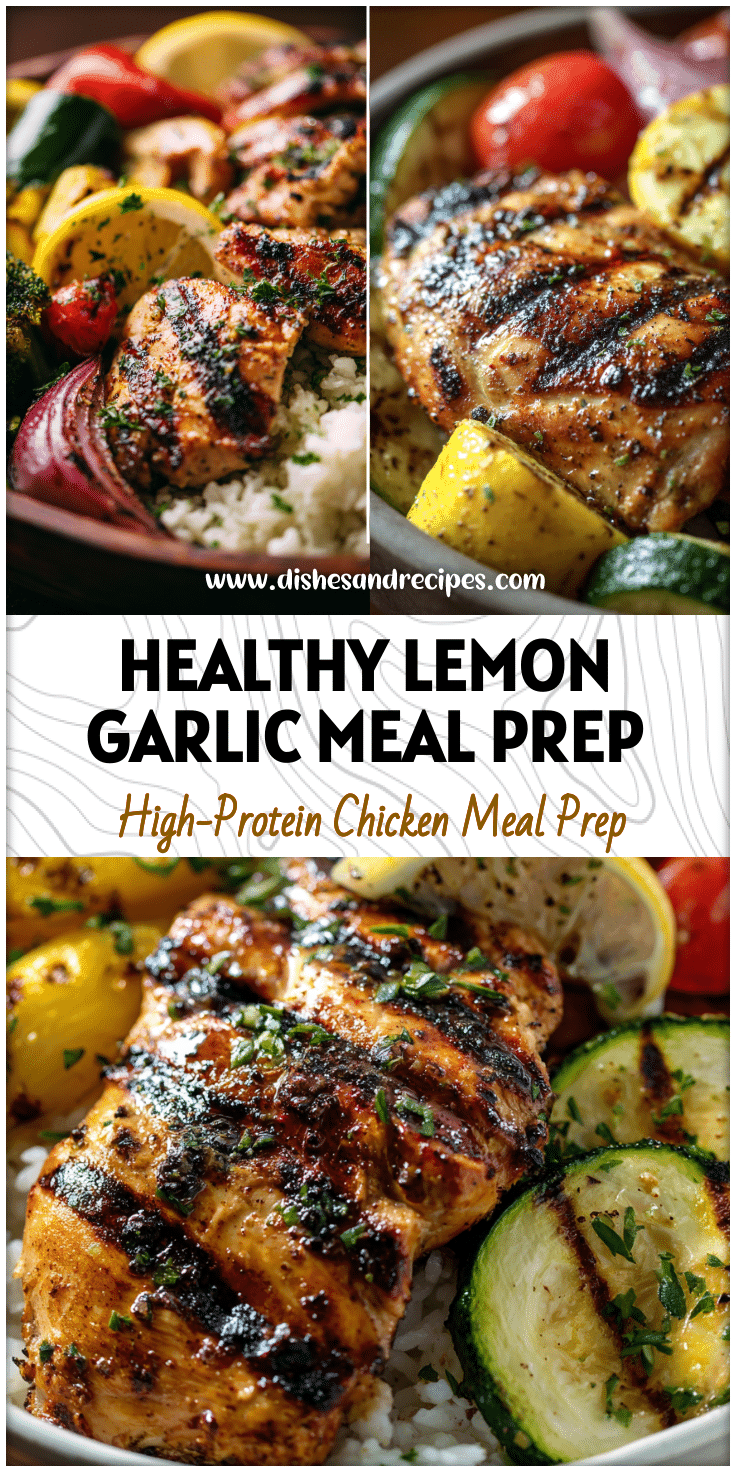 Colorful Lemon Garlic Chicken Thigh Bowls with grilled veggies for a healthy summer meal prep inspired by Luna Grill Santorini Bowl Recipe.