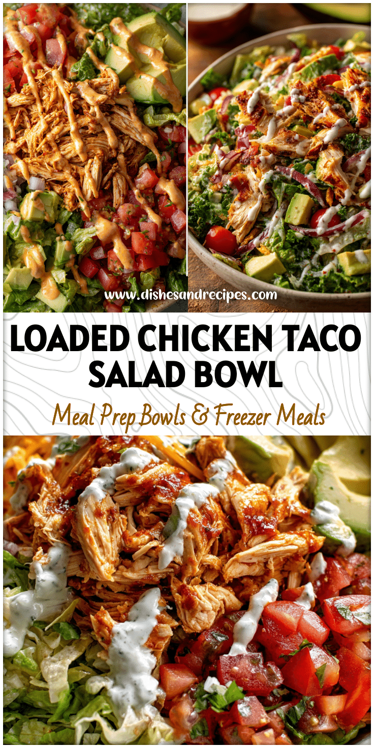 Loaded Chopped Chicken Taco Salad topped with rotisserie chicken, avocado, and creamy dressing.