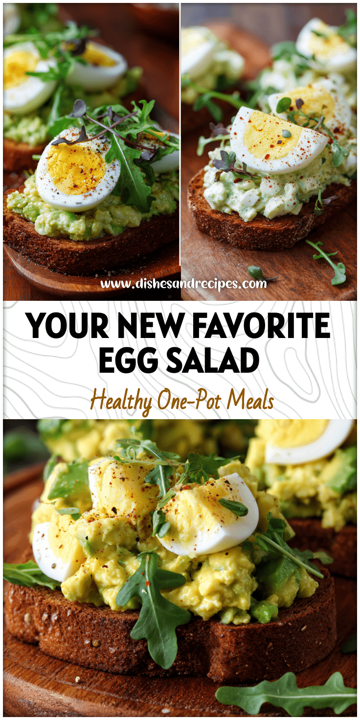 Healthy avocado and egg salad served on toast with seasoning and fresh greens on a wooden plate.