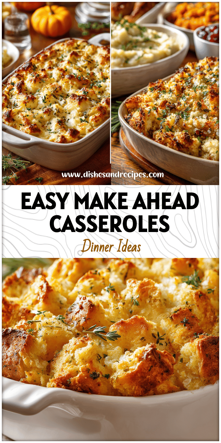 Golden baked Thanksgiving casserole topped with herbs and served with traditional Thanksgiving sides.