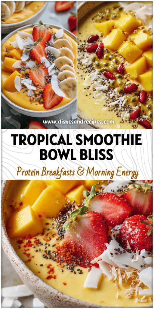Bright Mango Coconut Smoothie Bowl topped with fresh fruit, coconut flakes, and chia seeds.