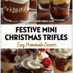Layered Mini Christmas Trifles in clear dessert cups topped with cream, berries, and festive sprinkles.