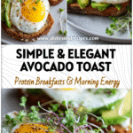 Minimal breakfast of toast avocado and eggs arranged with bright microgreens on a clean plate.