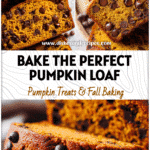 A sliced loaf of moist pumpkin chocolate chip bread showing melted chocolate chips and golden texture.