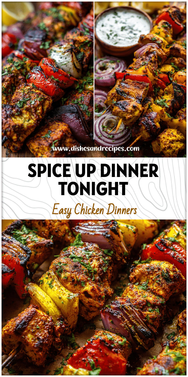 Colorful Moroccan-spiced Chicken Kabobs on skewers served with dipping sauce and herbs.