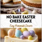 No Bake Cadbury Mini Egg Cheesecake Recipe for Easter 5 A no bake Cadbury Mini Egg Cheesecake with pastel eggs and a biscuit crust served for Easter dessert.