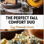 Creamy no-bake pumpkin cheesecake beside a savory spinach artichoke chicken dinner on a rustic fall table