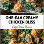 One-pan creamy chicken and mushrooms with sautéed spinach and fresh chives served in a skillet.