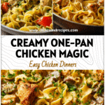 Creamy garlic butter chicken served on egg noodles in a one-pan dinner with fresh herbs.