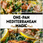 One-Pan Lemon Garlic Orzo with Spinach and Salmon for Easy Healthy Dinners 5 One-pan lemon garlic orzo with salmon and spinach served as a colorful Mediterranean diet fish dinner.