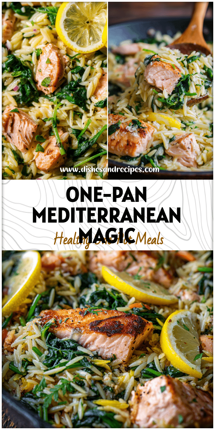 One-pan lemon garlic orzo with salmon and spinach served as a colorful Mediterranean diet fish dinner.