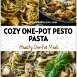 One-Pot Creamy Pesto Chicken Pasta with Artichokes 5 Creamy pesto chicken pasta with artichokes in one pot topped with fresh basil and parmesan cheese.