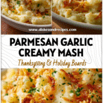 Golden garlic butter mashed potatoes topped with grated parmesan and crispy hash brown bits