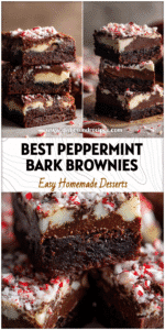 Home 8 Homemade peppermint bark brownies layered with chocolate and crushed peppermint candy canes.