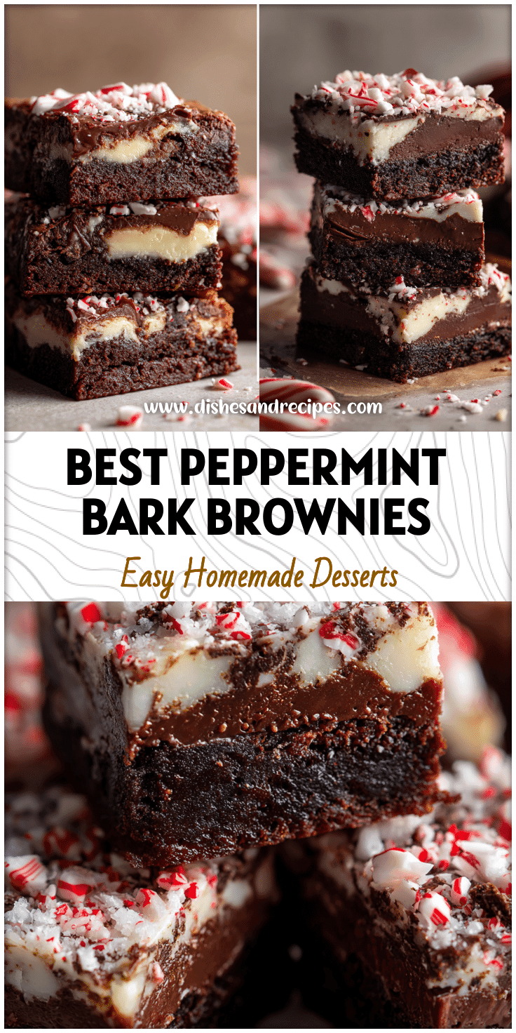 Homemade peppermint bark brownies layered with chocolate and crushed peppermint candy canes.