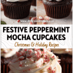 Chocolate peppermint mocha cupcakes topped with white frosting and crushed candy canes.