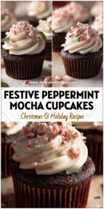 Home 3 Chocolate peppermint mocha cupcakes topped with white frosting and crushed candy canes.