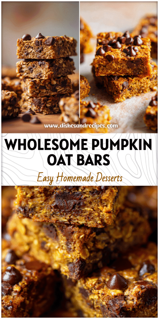 Home 16 Stack of Pumpkin Chocolate Chip Oat Bars showing moist, chewy texture with oats and melted chocolate chips.